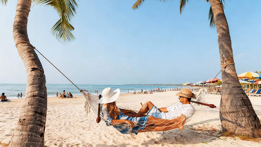 Couple walking on Goa beach during honeymoon